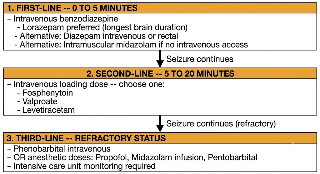 Three-step sequential flow diagram for status epilepticus treatment. Step one, first-line at zero to five minutes: intravenous benzodiazepine, preferably lorazepam. Step two, second-line at five to twenty minutes if seizure continues: intravenous fosphenytoin, valproate, or levetiracetam. Step three, refractory status: phenobarbital intravenous or anesthetic doses with intensive care unit monitoring.