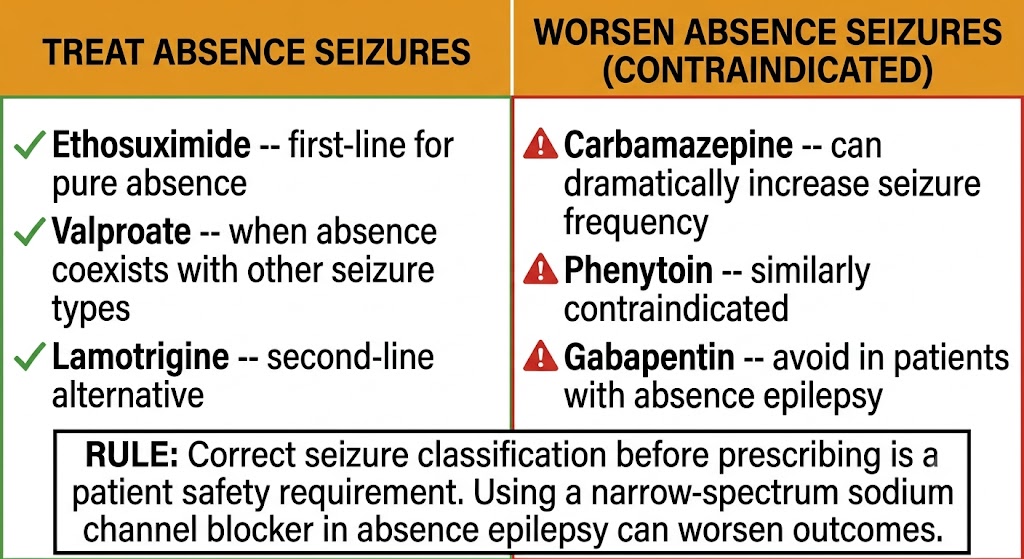 Two-panel diagram showing drugs that treat absence seizures (ethosuximide first-line, valproate for mixed seizure types, lamotrigine second-line) versus drugs that worsen absence seizures and are contraindicated (carbamazepine, phenytoin, gabapentin), with a rule that correct seizure classification before prescribing is a patient safety requirement.
