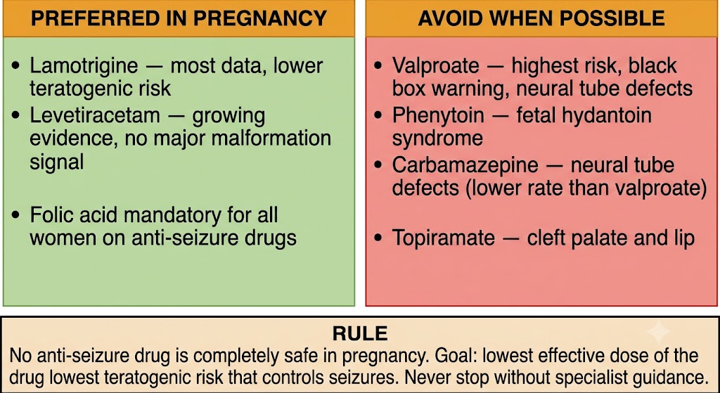 Two-panel diagram for anti-seizure drug selection in pregnancy. Preferred drugs: lamotrigine and levetiracetam, with folic acid mandatory for all. Drugs to avoid: valproate (highest risk, black box, neural tube defects), phenytoin (fetal hydantoin syndrome), carbamazepine (neural tube defects, lower rate than valproate), and topiramate (cleft palate and lip). Rule box: no drug is completely safe; goal is lowest effective dose with lowest teratogenic risk.