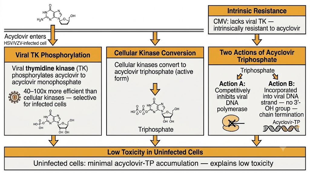 Acyclovir two-step activation mechanism flow diagram