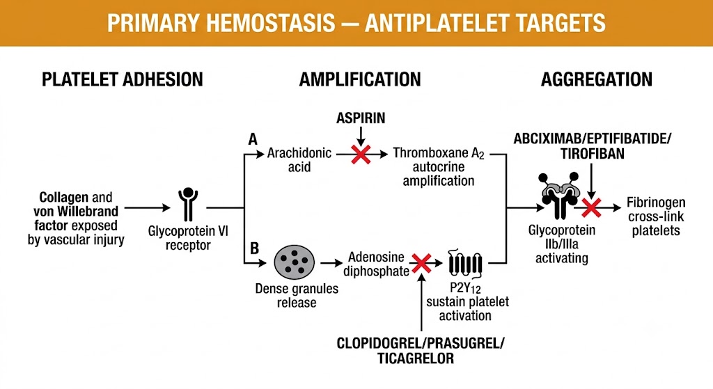 Flow diagram showing the three steps of primary hemostasis — platelet adhesion via glycoprotein VI, amplification via the thromboxane A2 and adenosine diphosphate pathways, and aggregation via glycoprotein IIb/IIIa — with aspirin, P2Y12 inhibitors, and glycoprotein IIb/IIIa antagonists marked at their pharmacological targets.