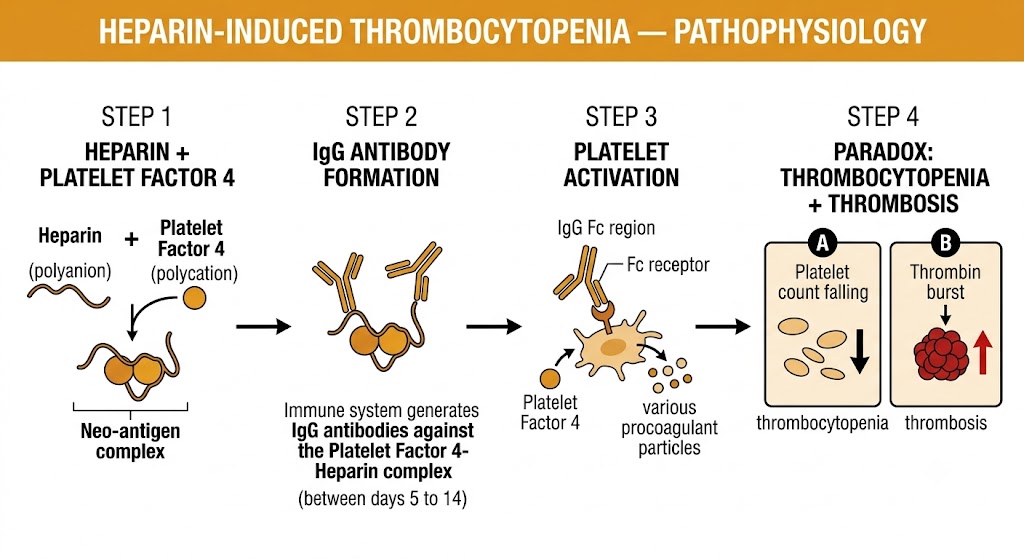 Four-step flow diagram of heparin-induced thrombocytopenia pathophysiology: Step 1 shows heparin binding platelet factor 4 to form a neo-antigen complex; Step 2 shows IgG antibody generation against the complex within 5 to 14 days; Step 3 shows IgG Fc region cross-linking the platelet Fc receptor, activating platelets and releasing procoagulant particles; Step 4 shows the paradox of simultaneous thrombocytopenia (falling platelet count) and thrombosis (thrombin burst).