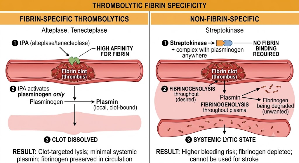 Two-panel diagram comparing thrombolytic fibrin specificity. Left panel shows fibrin-specific thrombolytics (alteplase, tenecteplase): tPA binds fibrin at the clot surface with high affinity, activating plasminogen only at the clot surface to generate local clot-bound plasmin, resulting in clot dissolution with fibrinogen preserved in circulation. Right panel shows non-fibrin-specific streptokinase forming a complex with plasminogen anywhere in the circulation without fibrin binding, generating systemic plasmin that causes fibrinogenolysis throughout plasma and a systemic lytic state with higher bleeding risk.