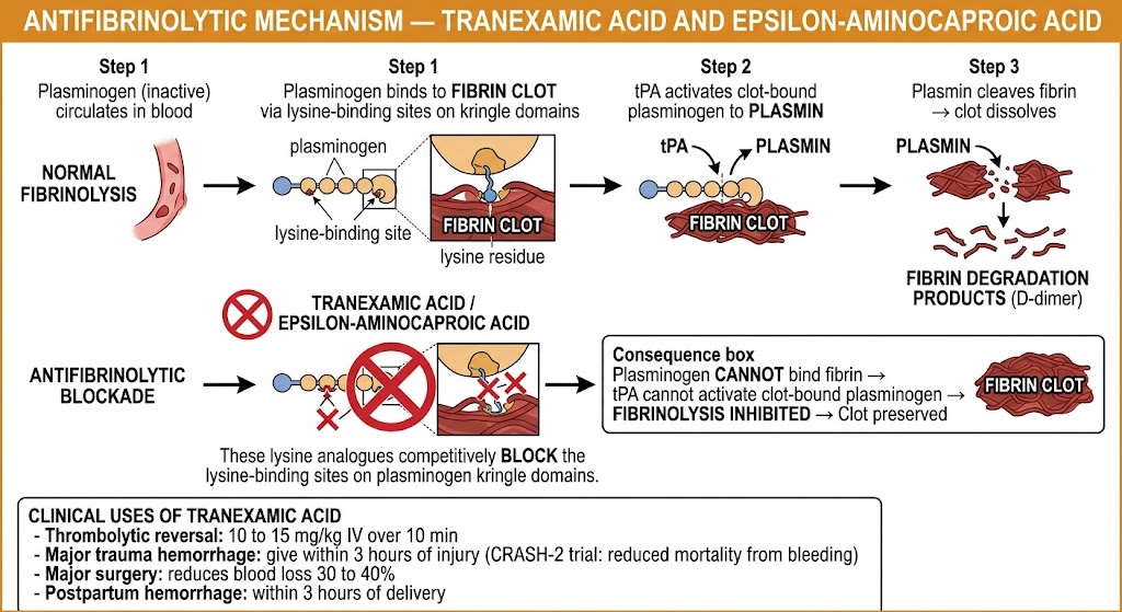 Mechanism diagram of antifibrinolytic agents. Upper row shows normal fibrinolysis: plasminogen binds to fibrin clot via lysine-binding sites on kringle domains, tPA activates clot-bound plasminogen to plasmin, and plasmin cleaves fibrin to produce fibrin degradation products including D-dimer. Lower row shows antifibrinolytic blockade: tranexamic acid and epsilon-aminocaproic acid competitively block the lysine-binding sites on plasminogen kringle domains, preventing plasminogen from binding fibrin, so tPA cannot activate clot-bound plasminogen and fibrinolysis is inhibited. A clinical uses box lists tranexamic acid indications: thrombolytic reversal, major trauma hemorrhage within 3 hours, major surgery, and postpartum hemorrhage.