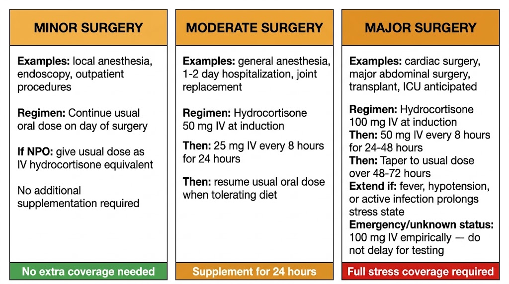 Three-panel diagram showing perioperative glucocorticoid stress-dose protocol by surgical category