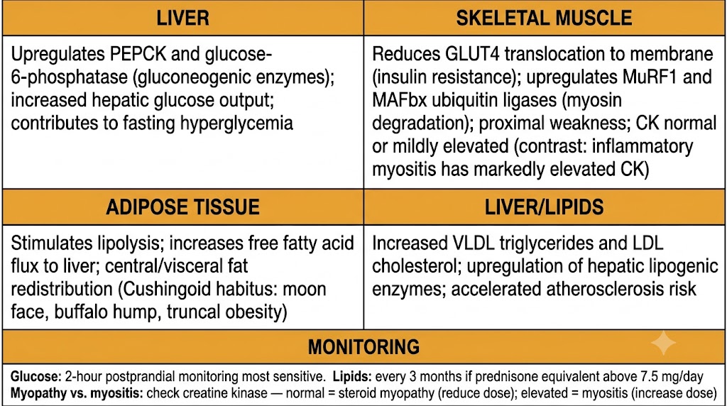 Summary diagram of glucocorticoid metabolic adverse effects organized by organ system