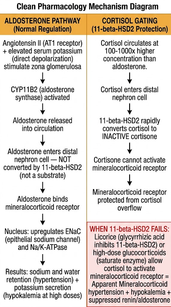 Flow diagram showing aldosterone mineralocorticoid receptor signaling and the role of 11-beta-HSD2 in cortisol gating