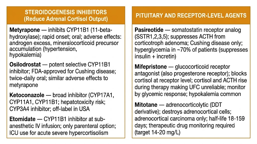 Two-panel diagram showing Cushing syndrome drug targets organized by mechanism