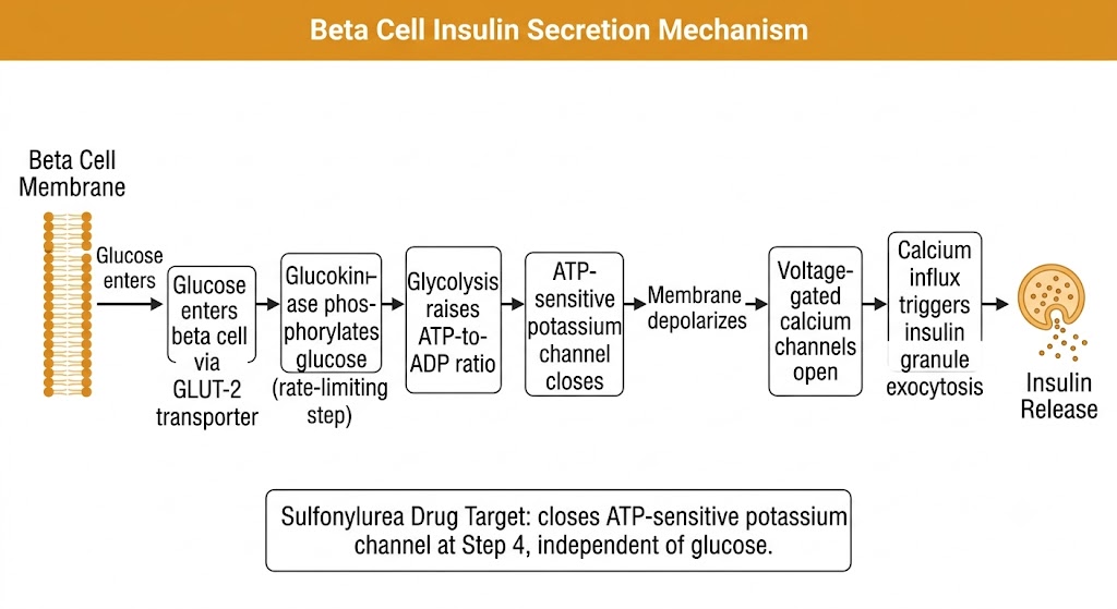 Flow diagram showing glucose-stimulated insulin secretion in the pancreatic beta cell, from glucose entry via GLUT-2 through glucokinase metabolism, ATP-sensitive potassium channel closure, membrane depolarization, calcium influx, and insulin granule exocytosis, with a note indicating the sulfonylurea drug target at the potassium channel step.