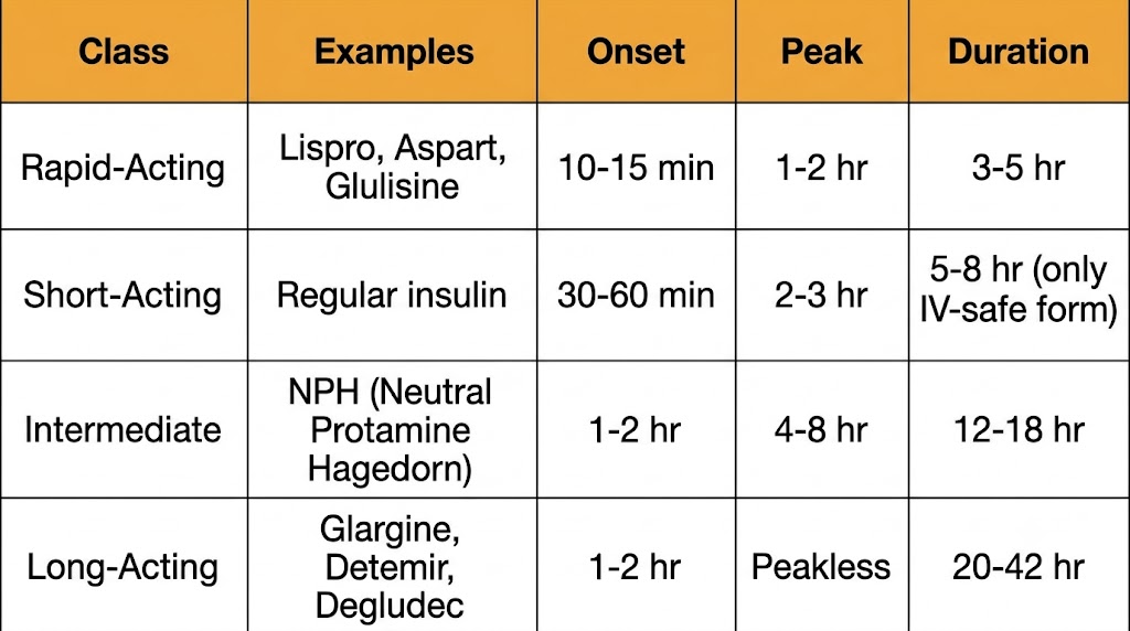 Comparison table of insulin preparation classes showing rapid-acting (lispro, aspart, glulisine: onset 10-15 min, peak 1-2 hr, duration 3-5 hr), short-acting (regular insulin: onset 30-60 min, peak 2-3 hr, duration 5-8 hr, only IV-safe form), intermediate (NPH: onset 1-2 hr, peak 4-8 hr, duration 12-18 hr), and long-acting (glargine, detemir, degludec: onset 1-2 hr, peakless, duration 20-42 hr).