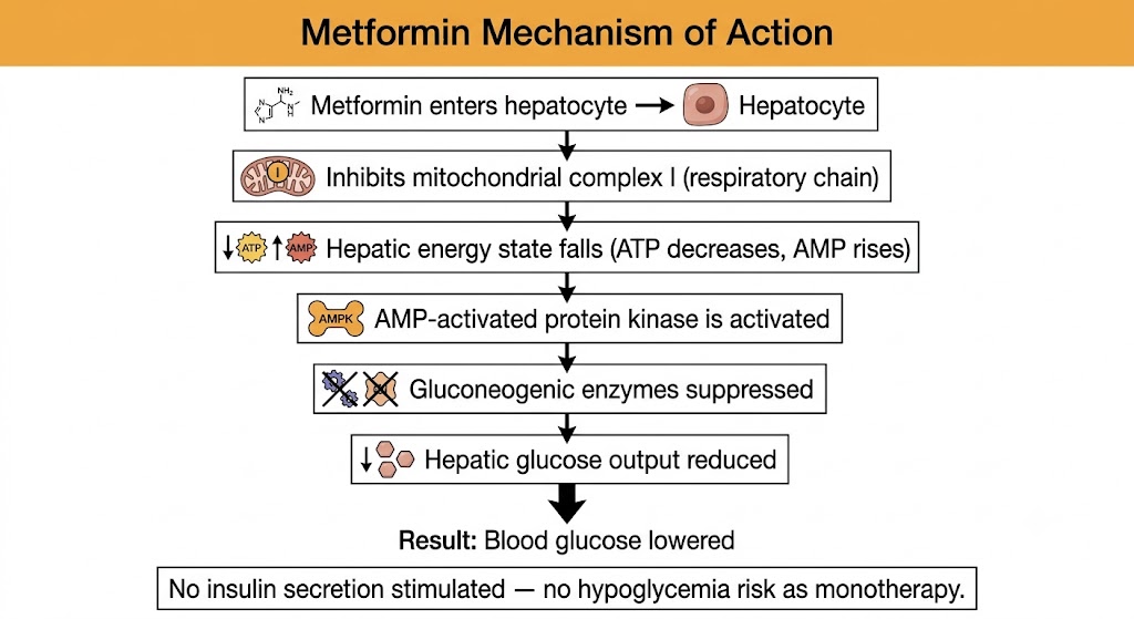 Flow diagram showing metformin mechanism of action: metformin enters hepatocyte, inhibits mitochondrial complex I, hepatic energy state falls as ATP decreases and AMP rises, AMP-activated protein kinase is activated, gluconeogenic enzymes are suppressed, hepatic glucose output is reduced, blood glucose lowered; note box states no insulin secretion stimulated — no hypoglycemia risk as monotherapy.