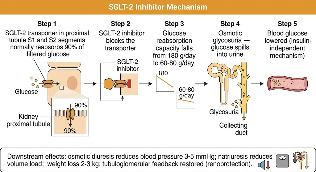 Flow diagram showing SGLT-2 inhibitor mechanism: Step 1, SGLT-2 transporter in proximal tubule S1 and S2 segments normally reabsorbs 90% of filtered glucose; Step 2, SGLT-2 inhibitor blocks the transporter; Step 3, glucose reabsorption capacity falls from 180 g per day to 60-80 g per day; Step 4, osmotic glycosuria — glucose spills into urine; Step 5, blood glucose lowered by an insulin-independent mechanism. Downstream effects box: osmotic diuresis reduces blood pressure 3-5 mmHg, natriuresis reduces volume load, weight loss 2-3 kg, tubuloglomerular feedback restored for renoprotection.