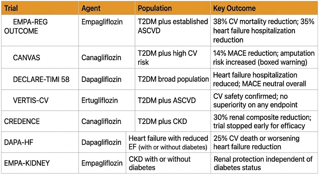 Reference table of SGLT-2 inhibitor outcome trials: EMPA-REG OUTCOME (empagliflozin, T2DM plus ASCVD, 38% CV mortality and 35% heart failure hospitalization reduction), CANVAS (canagliflozin, 14% MACE reduction, amputation risk increased), DECLARE-TIMI 58 (dapagliflozin, heart failure hospitalization reduced), VERTIS-CV (ertugliflozin, neutral), CREDENCE (canagliflozin, 30% renal composite reduction), DAPA-HF (dapagliflozin, 25% CV death or worsening heart failure), EMPA-KIDNEY (empagliflozin, renal protection independent of diabetes).