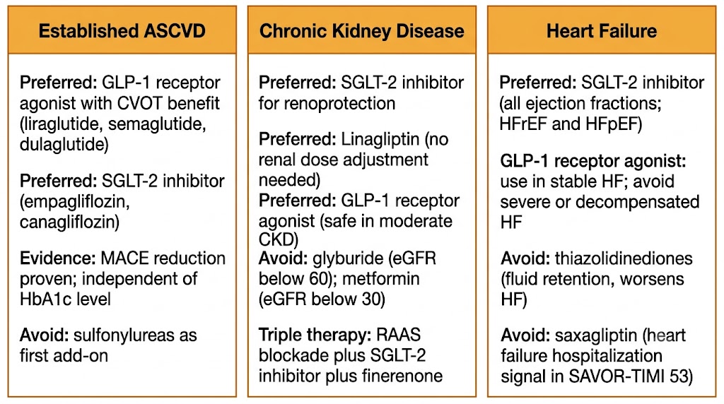 Three-panel diagram showing preferred antidiabetic drug classes by comorbidity. Left panel (Established ASCVD): preferred GLP-1 receptor agonists with CVOT benefit and SGLT-2 inhibitors; MACE reduction proven independent of HbA1c; avoid sulfonylureas as first add-on. Center panel (Chronic Kidney Disease): preferred SGLT-2 inhibitor for renoprotection, linagliptin (no renal dose adjustment), GLP-1 receptor agonist; avoid glyburide below eGFR 60 and metformin below eGFR 30; triple therapy with RAAS blockade plus SGLT-2 inhibitor plus finerenone. Right panel (Heart Failure): preferred SGLT-2 inhibitor across all ejection fractions; GLP-1 receptor agonist in stable HF only; avoid thiazolidinediones and saxagliptin.