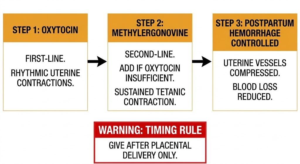 Flow diagram showing oxytocin as first-line followed by methylergonovine as second-line uterotonic therapy for postpartum hemorrhage, with a timing rule indicating administration after placental delivery.