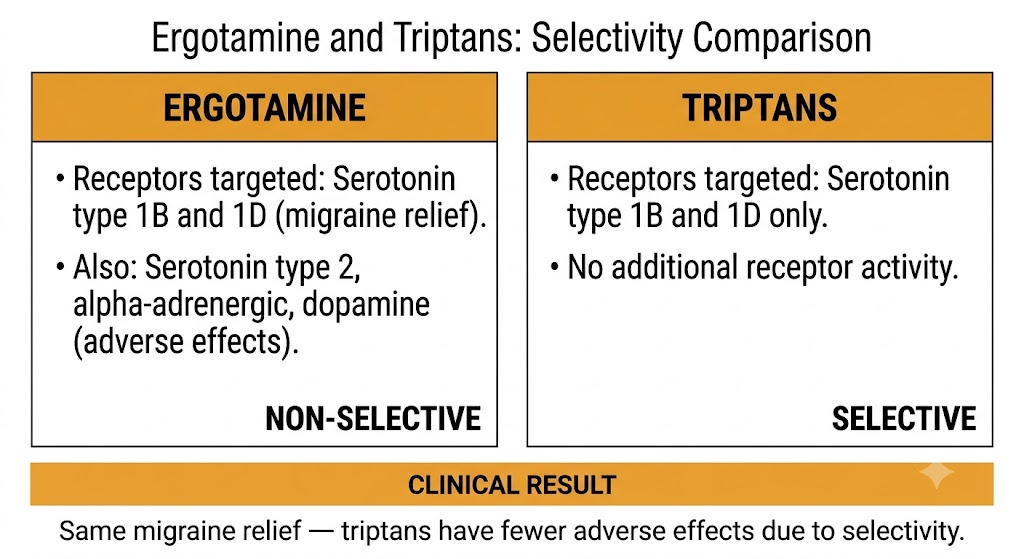 Two-panel diagram comparing ergotamine as a non-selective agent targeting multiple receptor families versus triptans as selective serotonin type 1B and 1D agonists.
