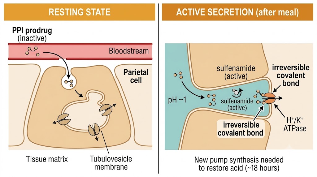 Diagram showing proton pump inhibitor prodrug activation in the gastric secretory canaliculus and covalent binding to the hydrogen-potassium ATPase