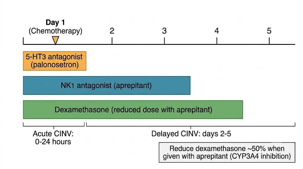 Timeline diagram showing the three-drug antiemetic regimen for highly emetogenic chemotherapy across days 1 through 5