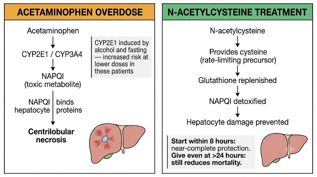 Two-panel diagram showing acetaminophen hepatotoxicity mechanism through NAPQI accumulation and how N-acetylcysteine reverses toxicity by replenishing glutathione