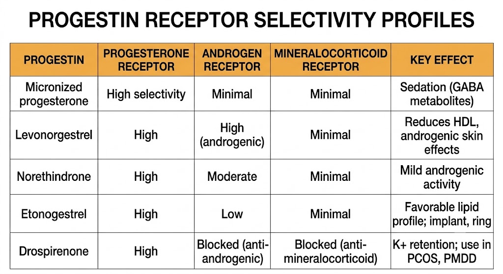 Reference table showing progestin receptor selectivity profiles for micronized progesterone, levonorgestrel, norethindrone, etonogestrel, and drospirenone across progesterone receptor, androgen receptor, mineralocorticoid receptor, and key clinical effects.