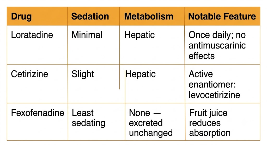 Reference table comparing three second-generation H1 antihistamines: loratadine with minimal sedation and hepatic metabolism; cetirizine with slight sedation and renal elimination; fexofenadine with least sedation, no hepatic metabolism, and fruit juice interaction.