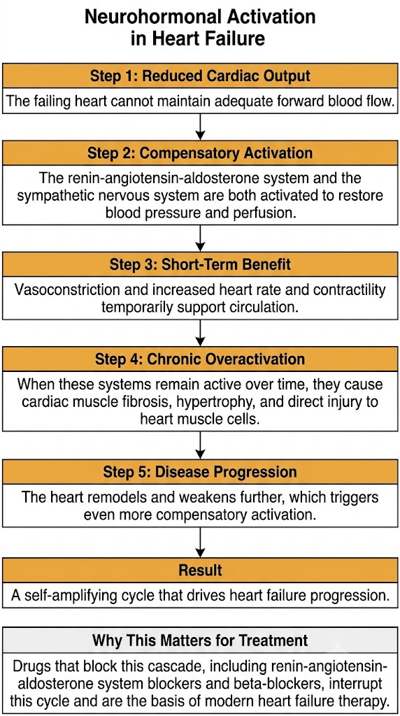 A vertical flow diagram showing how reduced cardiac output triggers compensatory activation of the renin-angiotensin-aldosterone system and sympathetic nervous system, which initially supports circulation but causes chronic harm and disease progression when sustained.