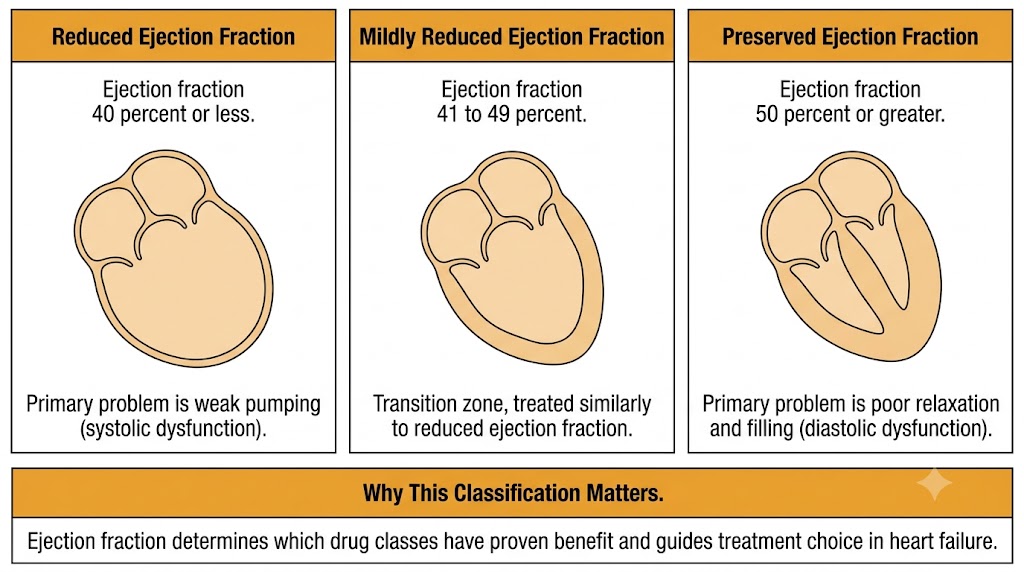 A three-panel comparison diagram showing reduced, mildly reduced, and preserved ejection fraction heart failure, illustrating the difference between a dilated, weakly contracting ventricle and a stiff, poorly relaxing ventricle.