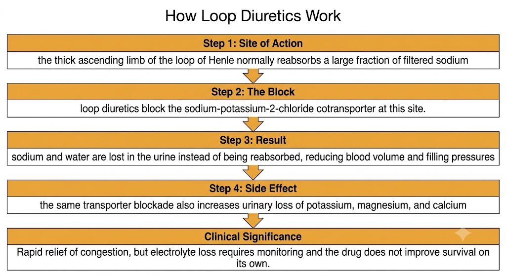 A vertical flow diagram showing how loop diuretics block the sodium-potassium-2-chloride cotransporter in the thick ascending limb of the loop of Henle, causing loss of sodium, water, potassium, magnesium, and calcium in the urine.