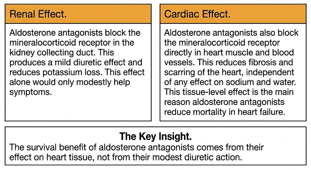 A two-panel diagram contrasting the modest renal diuretic effect of aldosterone antagonists with their more important direct anti-fibrotic effect on heart tissue, which accounts for their survival benefit in heart failure.