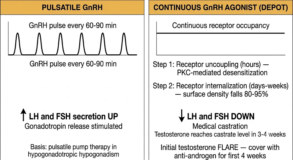 Two-panel diagram comparing pulsatile GnRH stimulation of LH and FSH versus continuous GnRH agonist depot suppression via receptor downregulation and medical castration.