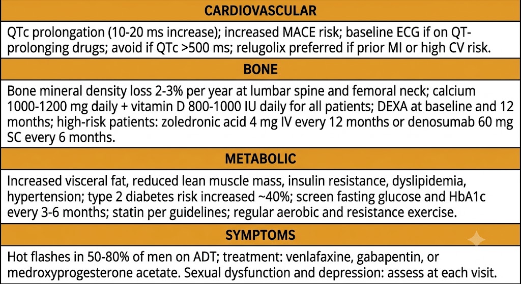 Organ system summary of androgen deprivation therapy adverse effects covering cardiovascular QTc prolongation, bone mineral density loss, metabolic syndrome, and symptomatic effects with monitoring recommendations.