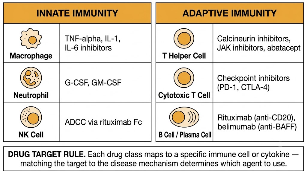Two-panel diagram showing innate immunity drug targets (macrophage, neutrophil, NK cell) on the left and adaptive immunity drug targets (T helper cell, cytotoxic T cell, B cell and plasma cell) on the right, with corresponding drug classes listed for each cell type.
