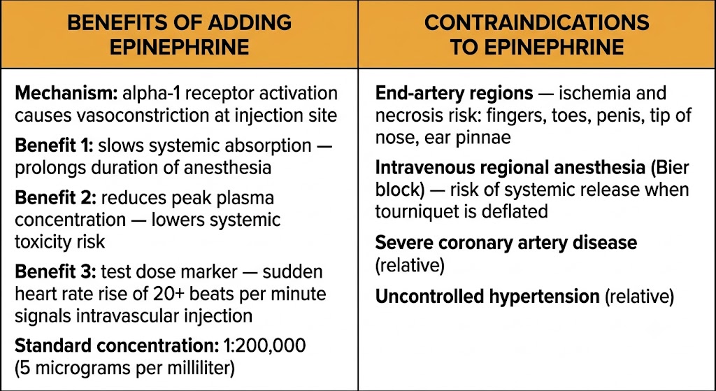 Two-panel diagram showing benefits of adding epinephrine to local anesthetic solutions (alpha-1 vasoconstriction, prolonged duration, reduced toxicity risk, intravascular injection marker) versus contraindications (end-artery regions, Bier block, coronary artery disease, hypertension).