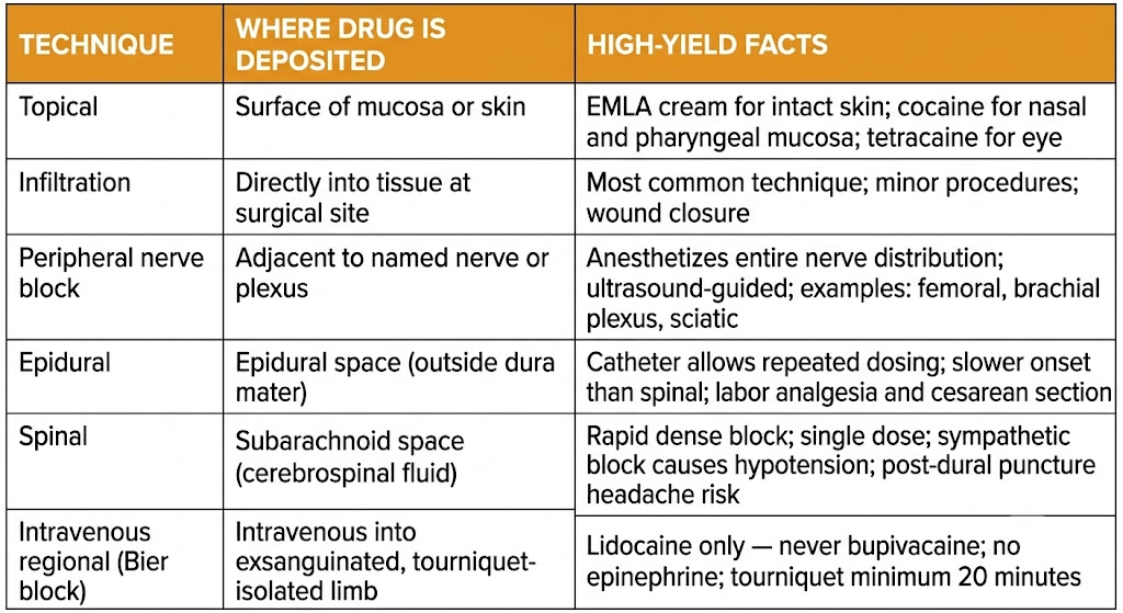 Reference table listing six regional anesthesia techniques — topical, infiltration, peripheral nerve block, epidural, spinal, and intravenous regional (Bier block) — with the site of drug deposition and high-yield clinical facts for each.