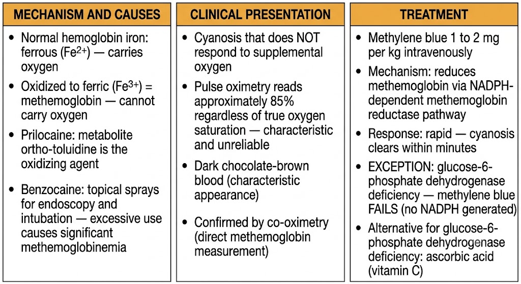 Three-panel diagram showing methemoglobinemia: mechanism and causes (ferrous to ferric hemoglobin oxidation, prilocaine metabolite ortho-toluidine, benzocaine sprays), clinical presentation (cyanosis unresponsive to oxygen, pulse oximetry reads 85%, dark chocolate-brown blood), and treatment (methylene blue, glucose-6-phosphate dehydrogenase exception requiring ascorbic acid instead).