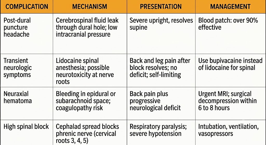 Reference table showing four neuraxial anesthesia complications: post-dural puncture headache treated with blood patch, transient neurologic symptoms from lidocaine spinal, neuraxial hematoma requiring urgent surgical decompression, and high spinal block causing respiratory paralysis.