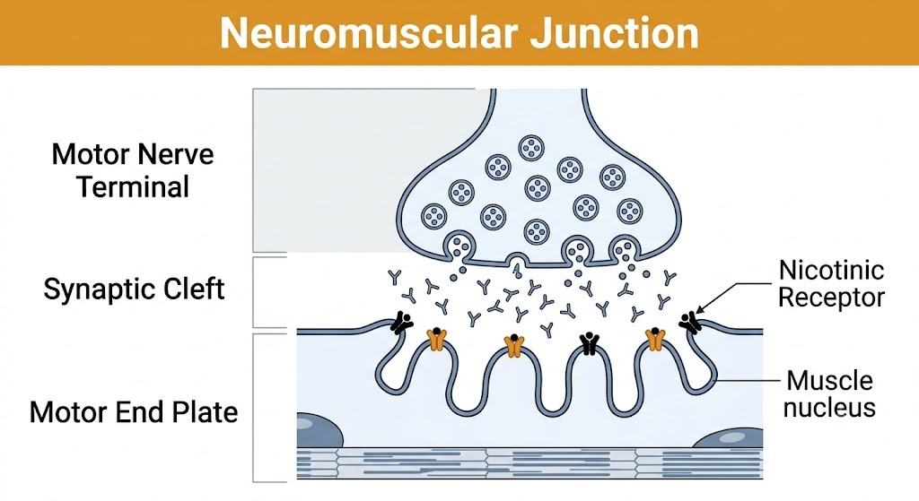 Cross-sectional diagram of the neuromuscular junction showing the motor nerve terminal with acetylcholine vesicles, the synaptic cleft with acetylcholinesterase, and the motor end plate with nicotinic receptors clustered at the peaks of junctional folds.