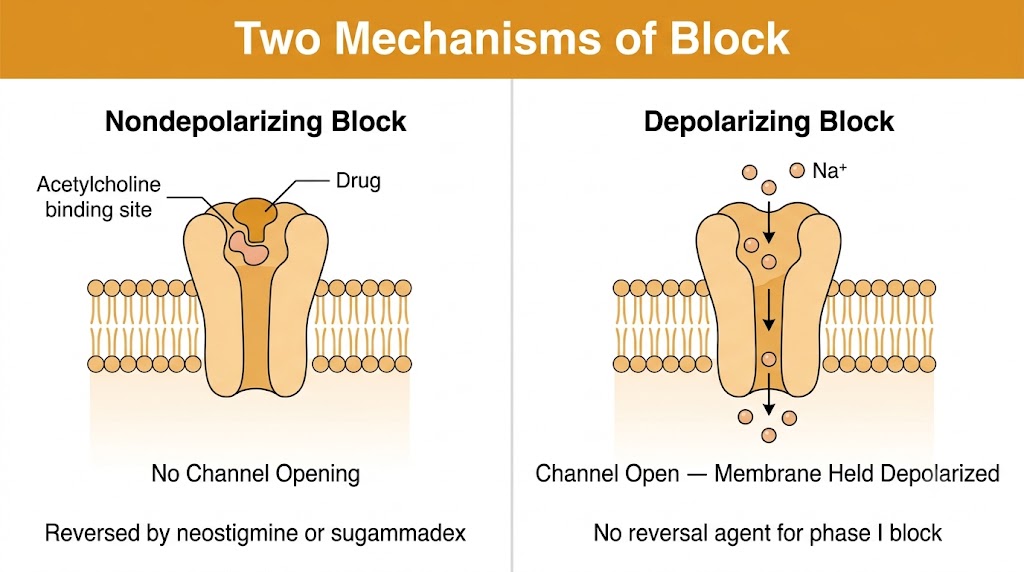 Two-panel comparison diagram showing nondepolarizing block on the left (drug occupying the receptor binding site, channel closed, no ion flow) and depolarizing block on the right (channel open with sodium ions flowing through, membrane held in depolarized state).