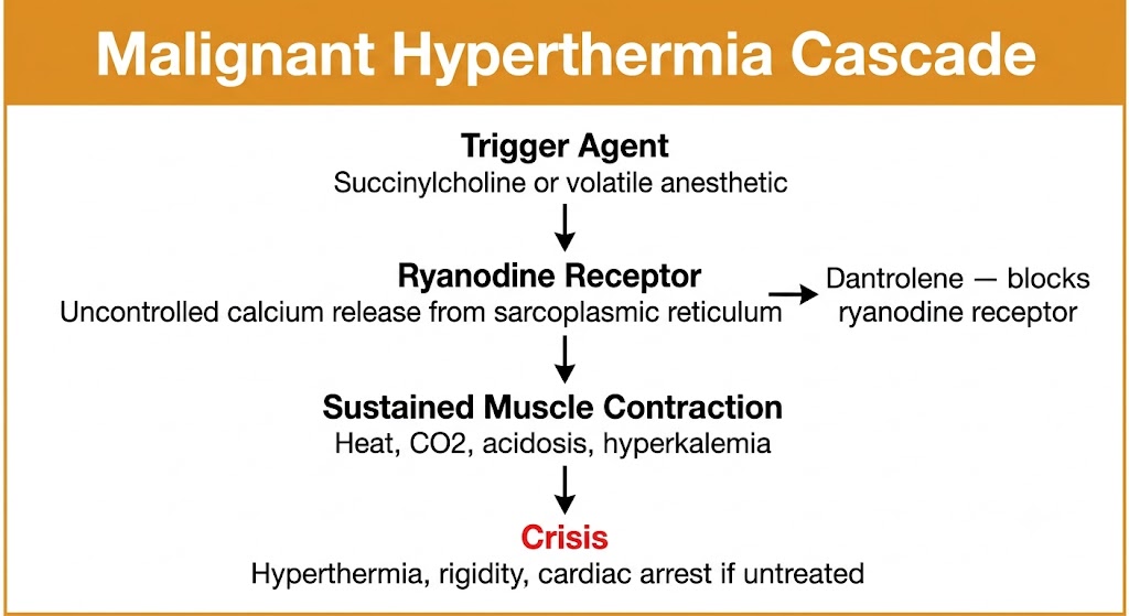 Flow diagram showing the malignant hyperthermia cascade: trigger agent activates the ryanodine receptor causing uncontrolled calcium release, leading to sustained muscle contraction with heat, acidosis, and hyperkalemia, culminating in crisis. Dantrolene blocks the ryanodine receptor to interrupt the cascade.