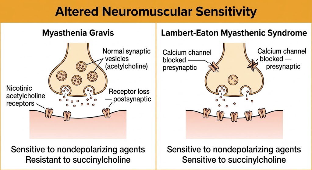 Two-panel diagram comparing myasthenia gravis (postsynaptic receptor loss producing sensitivity to nondepolarizing agents and resistance to succinylcholine) with Lambert-Eaton myasthenic syndrome (presynaptic calcium channel blockade reducing acetylcholine release, producing sensitivity to both nondepolarizing agents and succinylcholine).