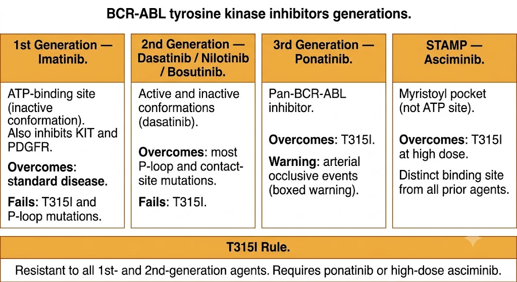 Four-panel diagram showing BCR-ABL tyrosine kinase inhibitor generations from imatinib through asciminib, with mechanism and resistance profile for each generation and a T315I rule box.