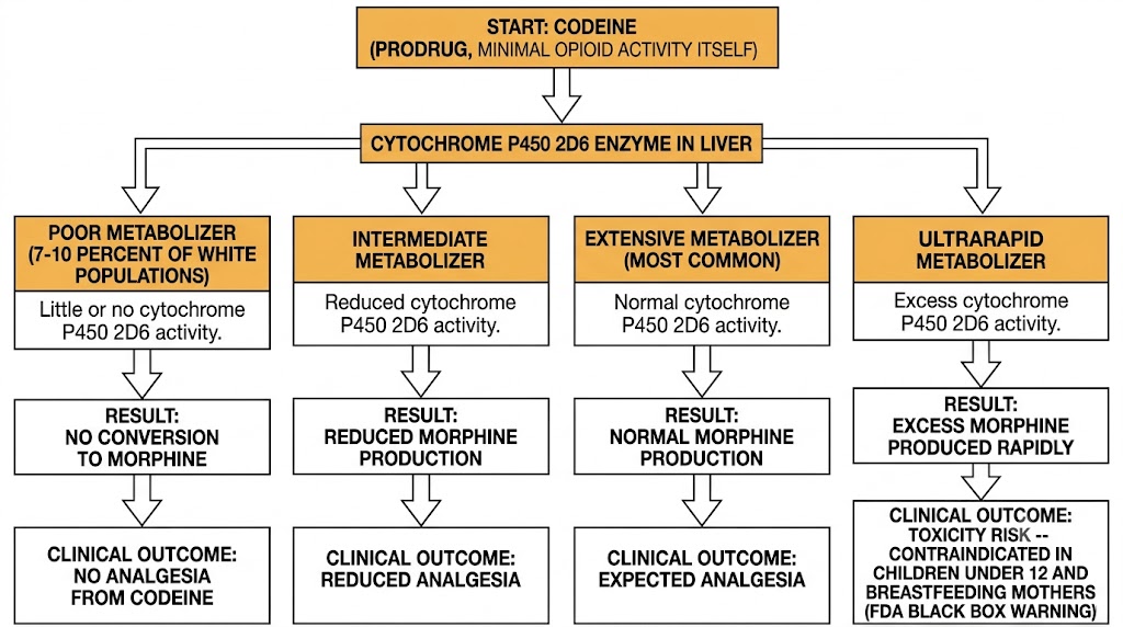 Branching flow diagram showing how cytochrome P450 2D6 genetic polymorphism produces four metabolizer phenotypes for codeine: poor metabolizer with no analgesia, intermediate metabolizer with reduced analgesia, extensive metabolizer with expected analgesia, and ultrarapid metabolizer with toxicity risk and FDA black box warning.