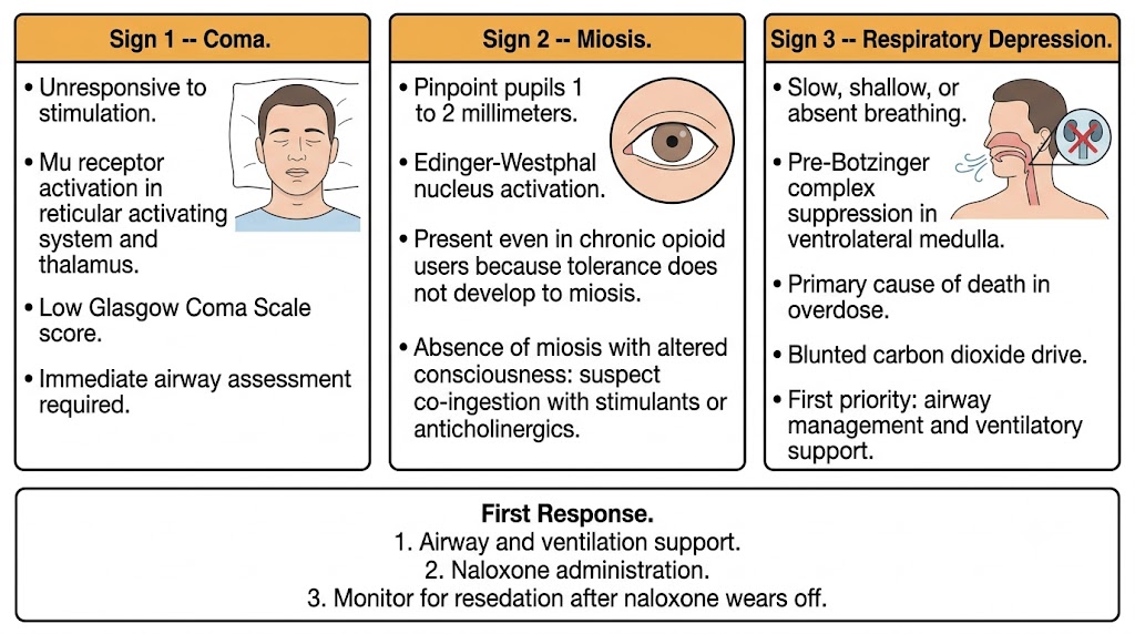 Three-panel diagram showing the opioid overdose triad: coma from mu receptor activation in the reticular activating system, miosis from Edinger-Westphal nucleus activation, and respiratory depression from pre-Botzinger complex suppression. Shared first response box shows airway support, naloxone, and resedation monitoring.