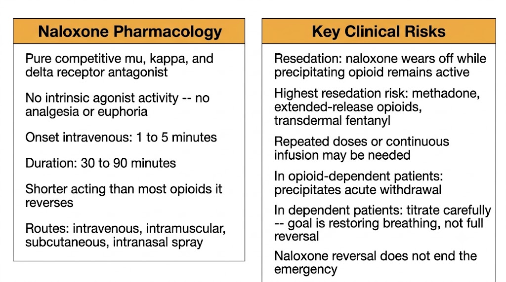 Two-panel diagram showing naloxone pharmacology and key clinical risks. Left panel covers mechanism, onset, duration, and routes. Right panel covers resedation risk, drugs with highest resedation risk, management in opioid-dependent patients, and the principle that naloxone reversal does not end the emergency.