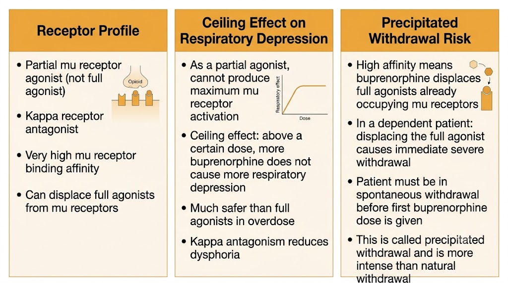 Three-panel diagram showing buprenorphine's key properties: receptor profile as partial mu agonist and kappa antagonist with high binding affinity, ceiling effect on respiratory depression with dose-response graph, and precipitated withdrawal risk from displacement of full agonists.