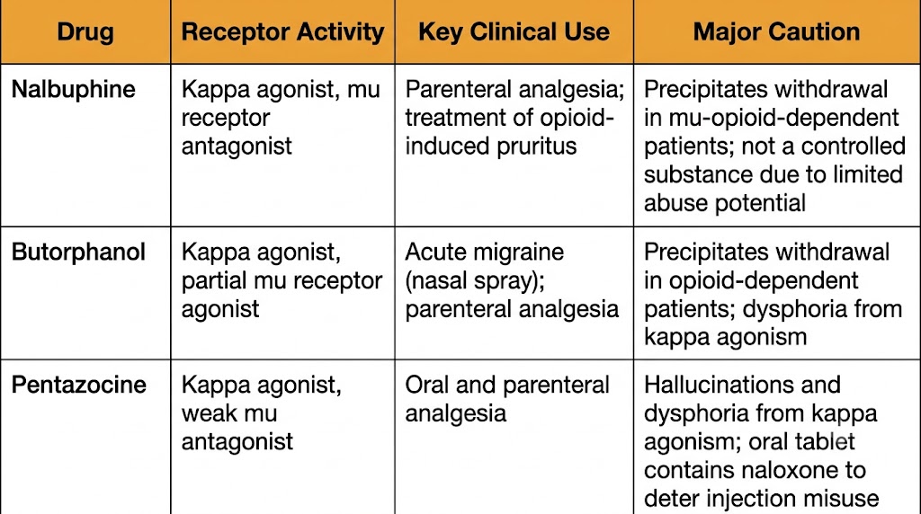 Reference table comparing three mixed agonist-antagonist opioids: nalbuphine as kappa agonist and mu antagonist used for analgesia and pruritus, butorphanol as kappa agonist and partial mu agonist used for migraine and analgesia, and pentazocine as kappa agonist and weak mu antagonist with psychotomimetic effects.