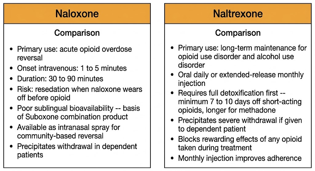 Two-panel diagram comparing naloxone and naltrexone. Naloxone panel covers acute overdose reversal, short duration with resedation risk, poor sublingual bioavailability as basis of Suboxone, and intranasal spray. Naltrexone panel covers long-term maintenance, requirement for full detoxification first, and monthly injectable formulation.