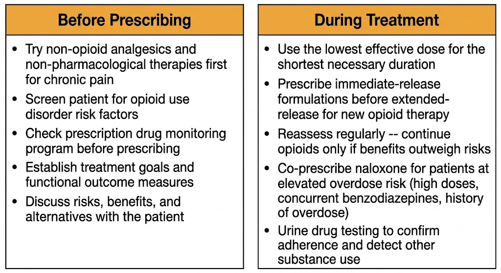 Two-panel stewardship diagram: Before Prescribing panel shows non-opioid alternatives first, risk screening, prescription drug monitoring program check, and patient discussion; During Treatment panel shows lowest effective dose, immediate-release before extended-release, regular reassessment, naloxone co-prescribing, and urine drug testing.