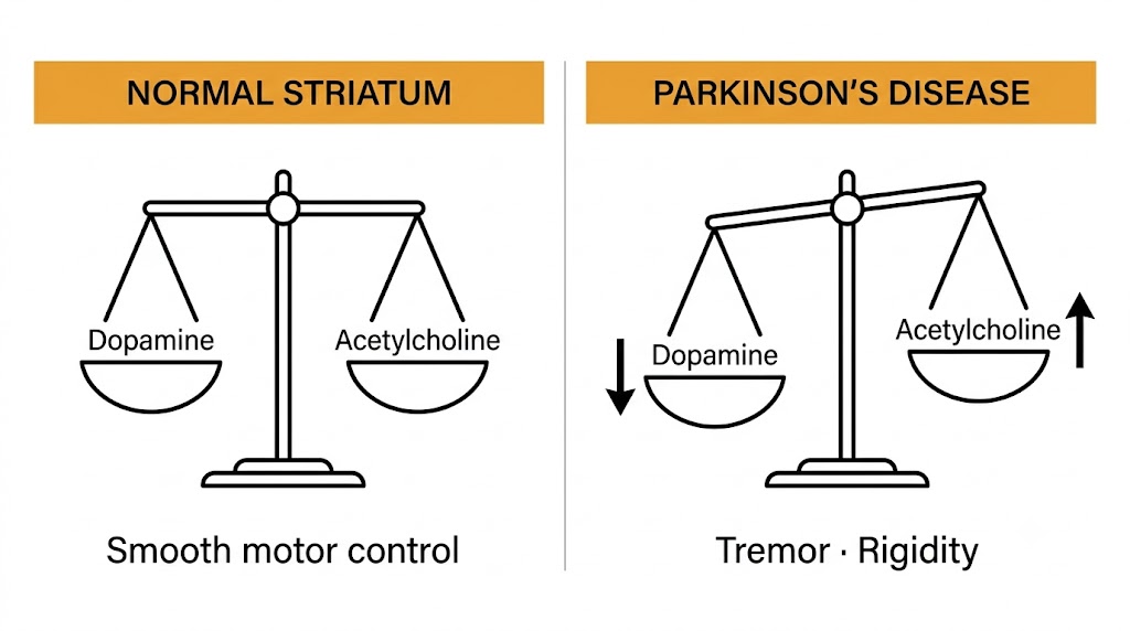 Two-panel balance scale diagram showing equal dopamine and acetylcholine in the normal striatum and a tipped scale with reduced dopamine and excess acetylcholine in Parkinson's disease.