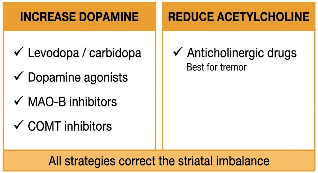 Two-panel summary diagram showing drug classes that increase dopamine on the left and anticholinergic drugs that reduce acetylcholine on the right, with a footer stating all strategies correct the striatal imbalance.